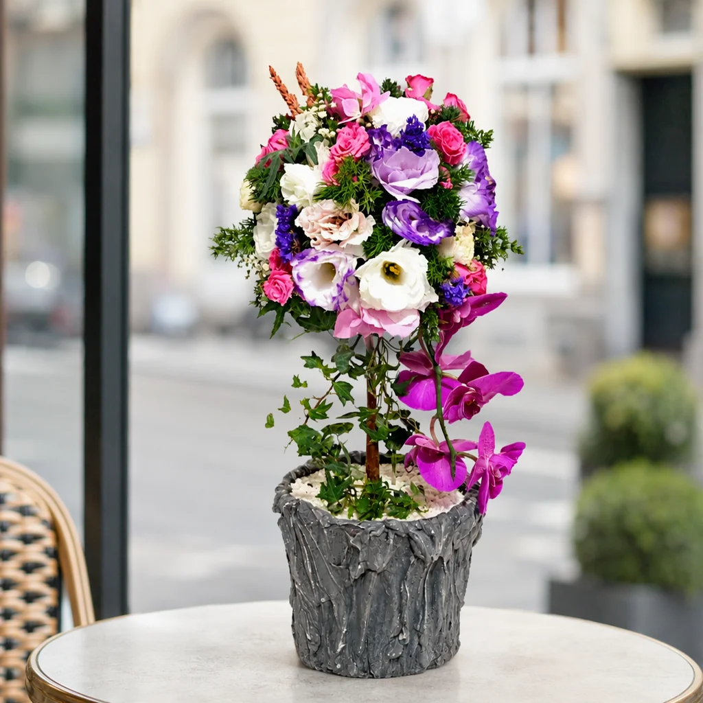 Mor Orkideli Premium Topiary Aranjmanı — yaşam alanında