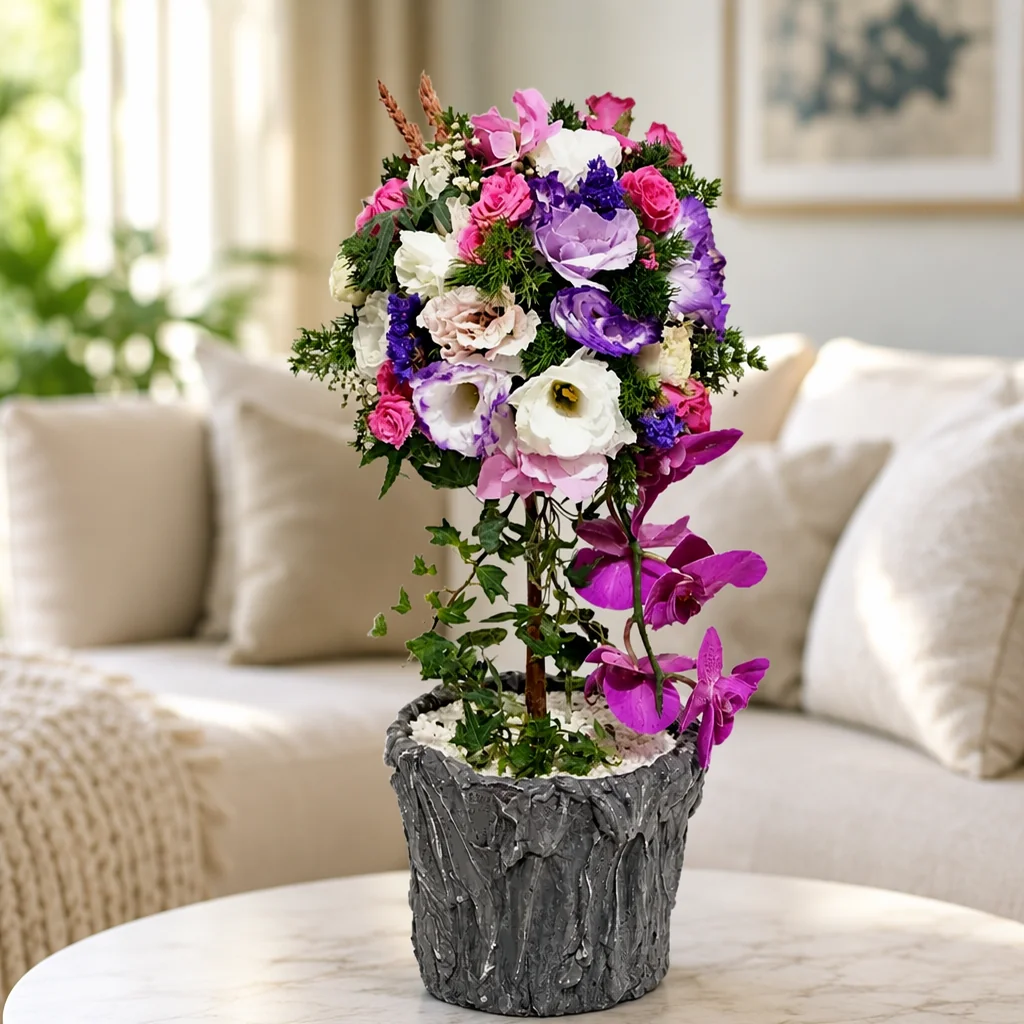 Mor Orkideli Premium Topiary Aranjmanı — yaşam alanında