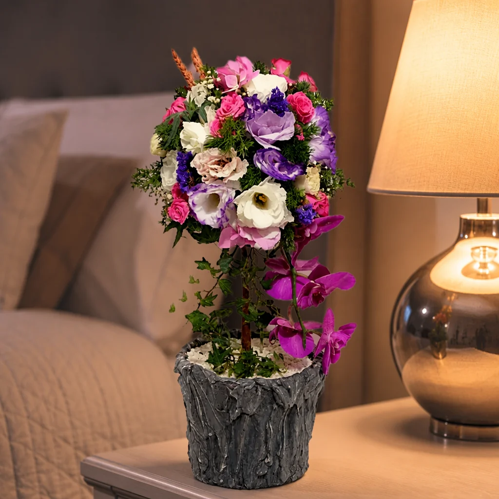 Mor Orkideli Premium Topiary Aranjmanı — yaşam alanında