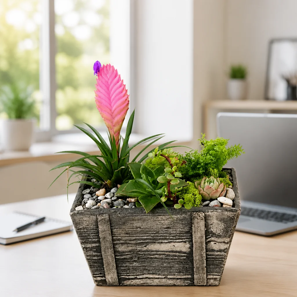 Pembe Tillandsia ve Sukulent  Aranjmanı — yaşam alanında