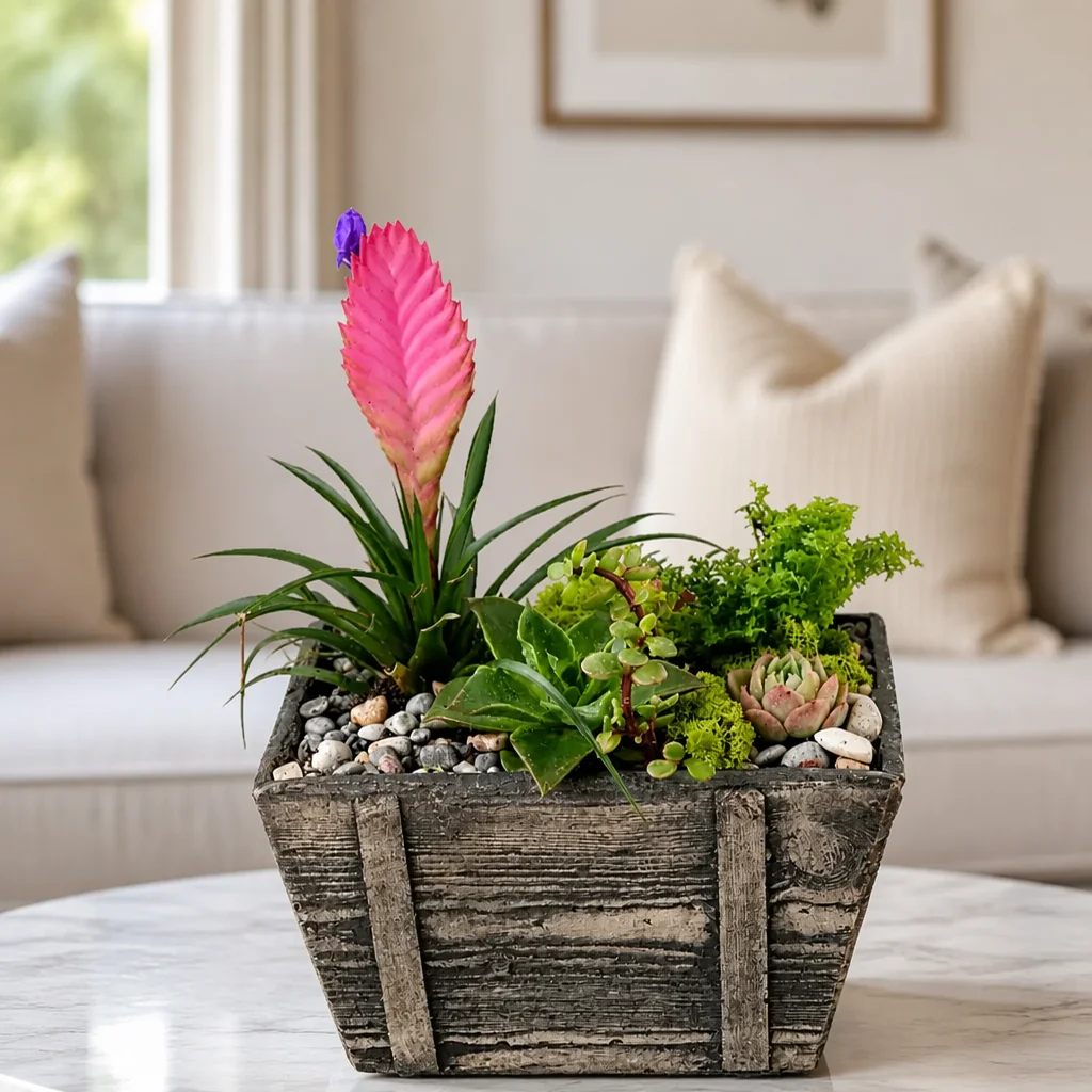 Pembe Tillandsia ve Sukulent  Aranjmanı — yaşam alanında