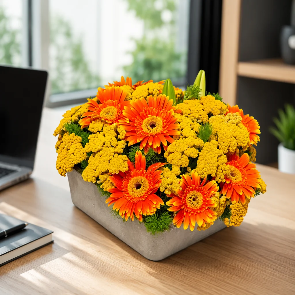 Turuncu Gerbera ve Civanperçemi Aranjmanı — yaşam alanında
