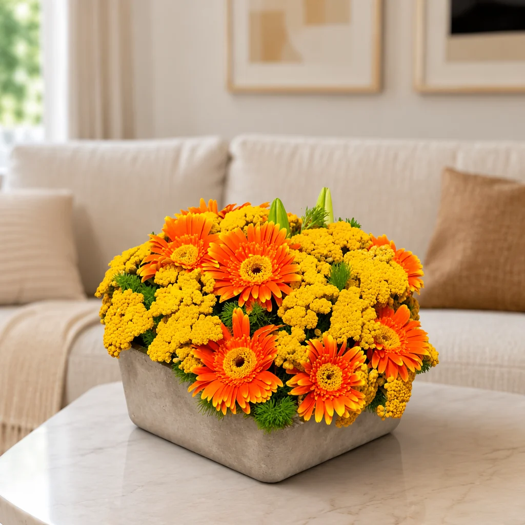 Turuncu Gerbera ve Civanperçemi Aranjmanı — yaşam alanında