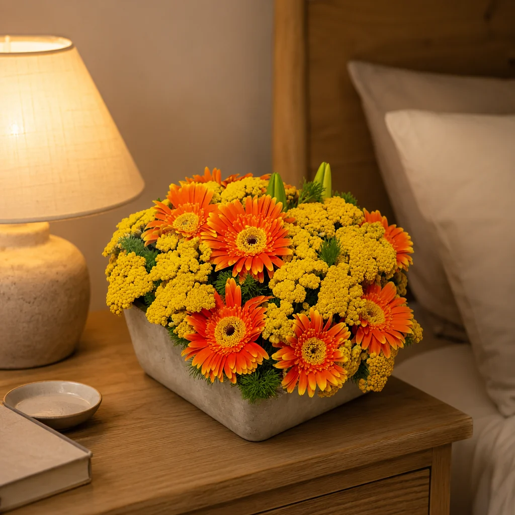 Turuncu Gerbera ve Civanperçemi Aranjmanı — yaşam alanında