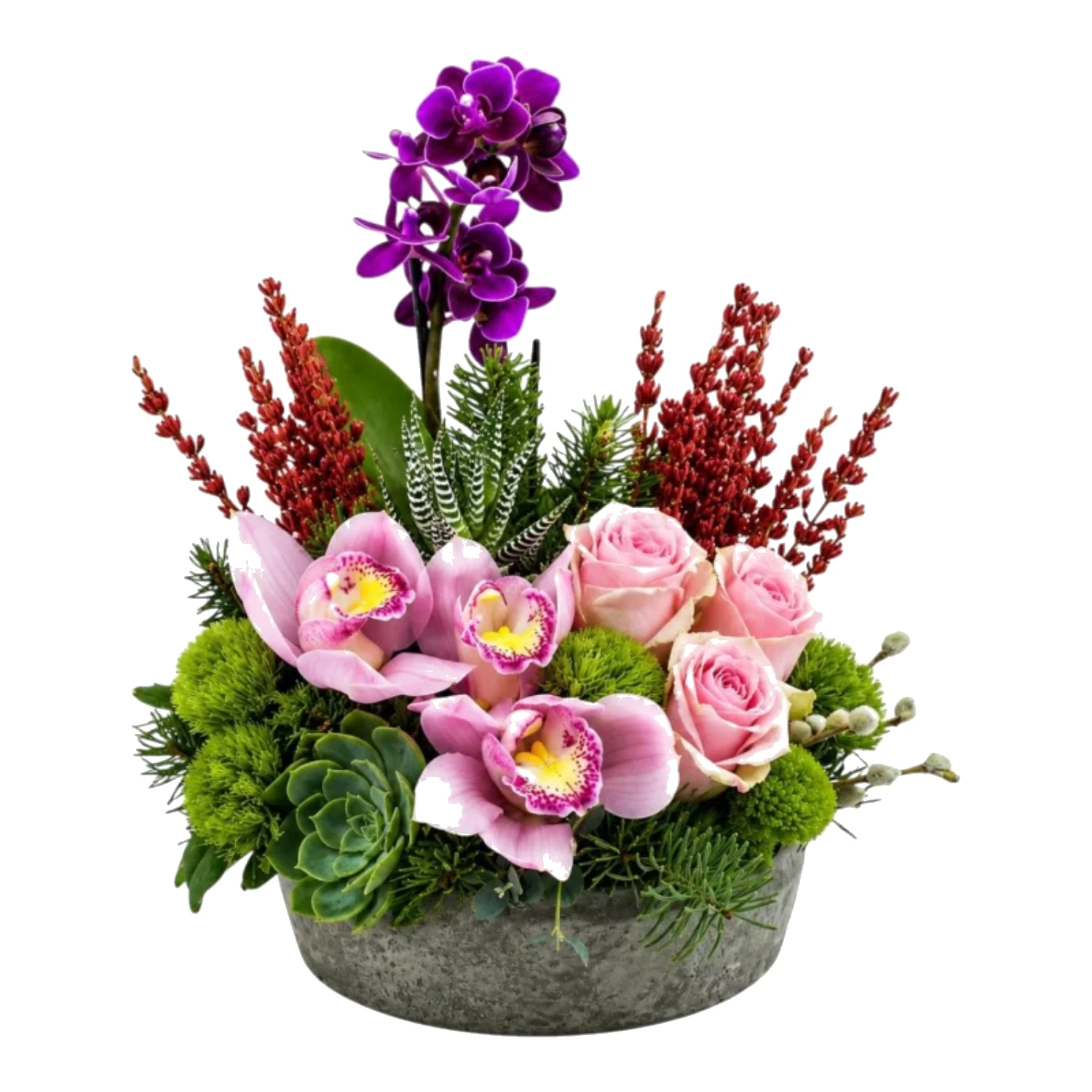 Mor Orkide, Pembe Gül ve Cymbidium Aranjmanı