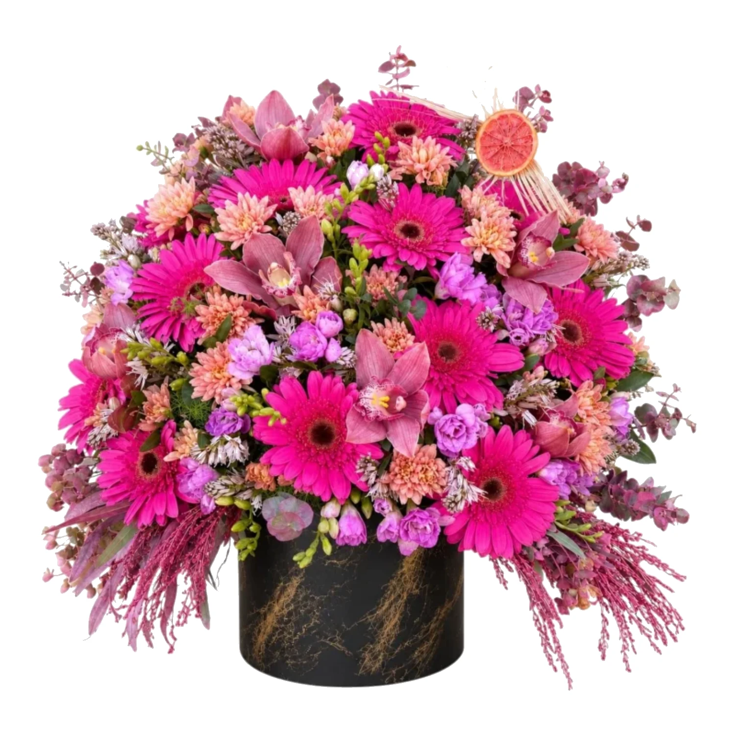 Fuşya Gerbera ve Orkideli Görkemli Kutu Aranjmanı