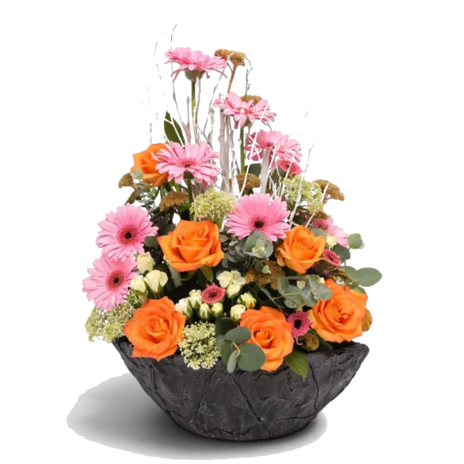 Taş Kasede Turuncu Gül ve Pembe Gerbera Aranjmanı