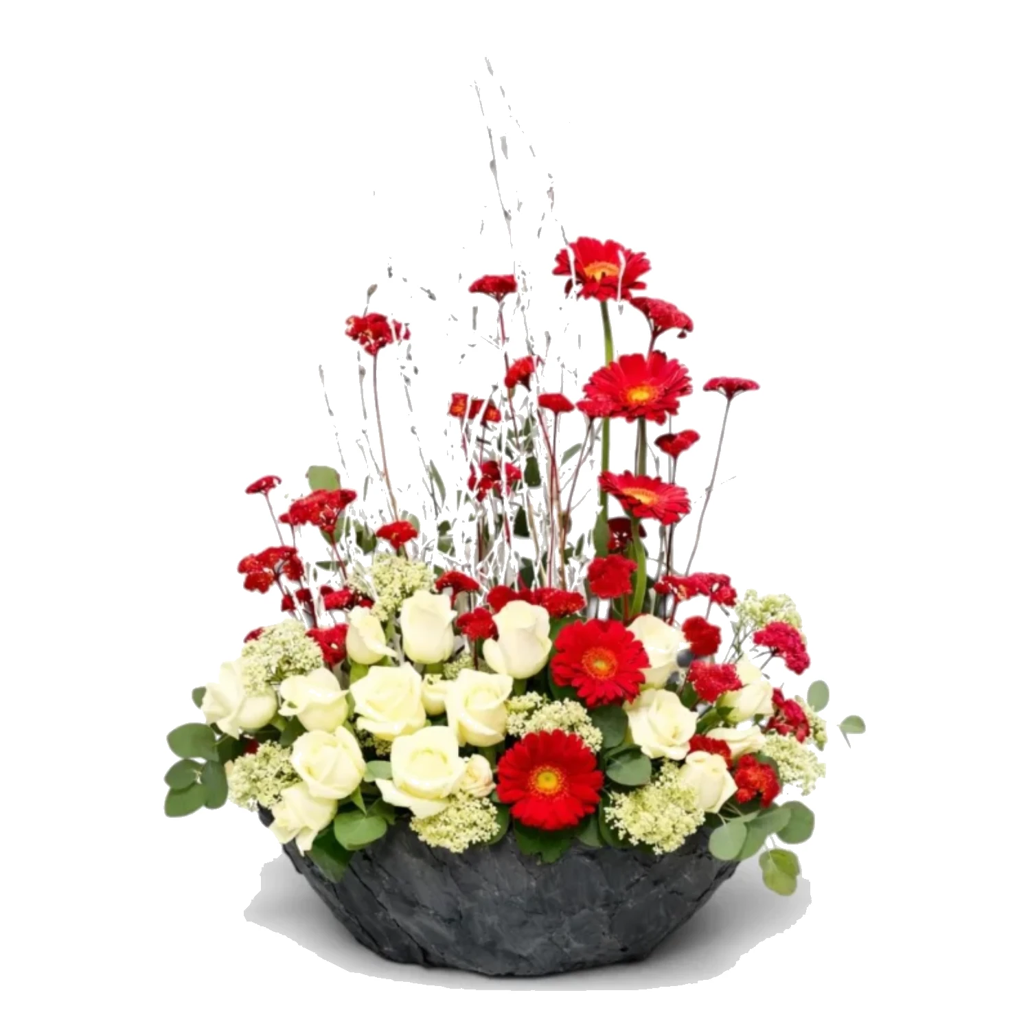 Taş Kasede Kırmızı Gerbera ve Beyaz Gül Aranjmanı