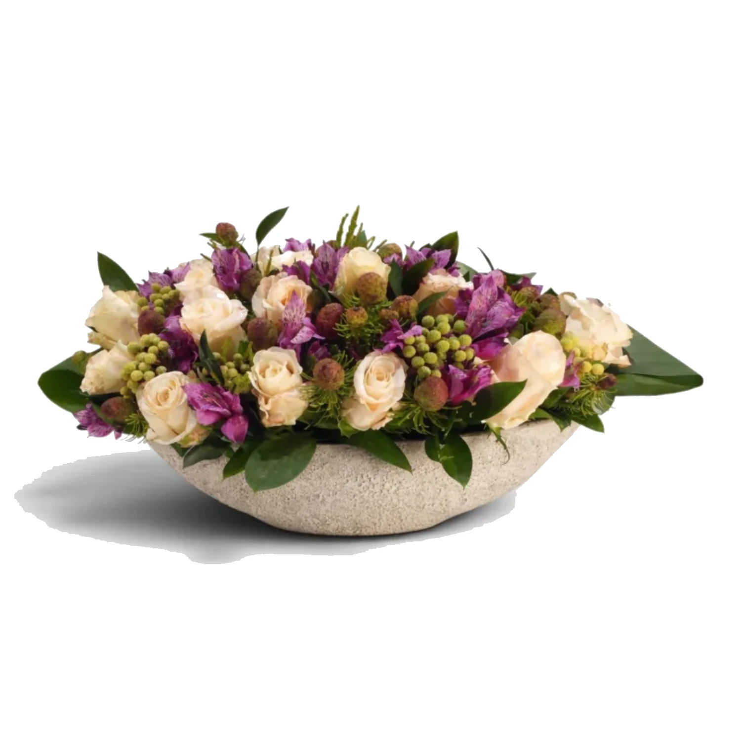 Oval Kasede Krem Gül ve Mor Alstromeria Masa Aranjmanı
