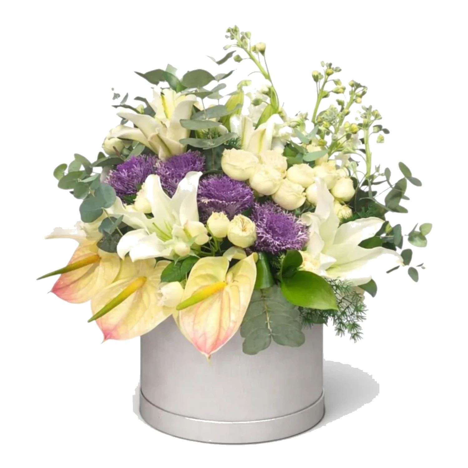 Kutuda Beyaz Lilyum ve Mor Lisianthus