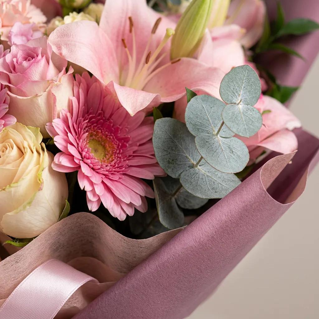 Pembe lilyum ve pembe gerbera çiçeklerinden oluşan taze buketi, beyaz arka plan üzerinde