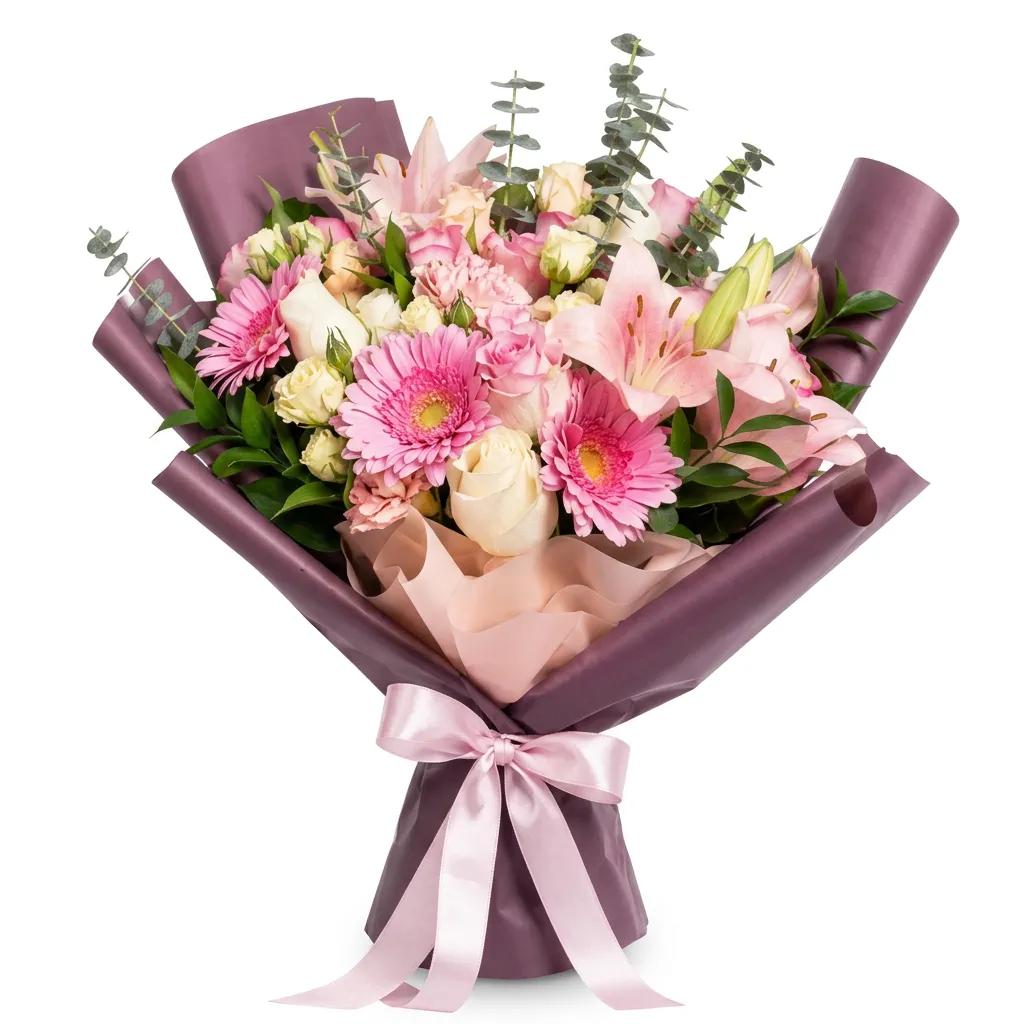 Pembe lilyum ve pembe gerbera çiçeklerinden oluşan taze buketi, beyaz arka plan üzerinde
