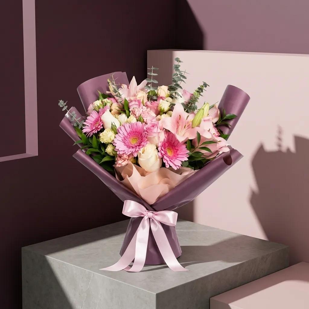 Pembe lilyum ve pembe gerbera çiçeklerinden oluşan taze buketi, beyaz arka plan üzerinde
