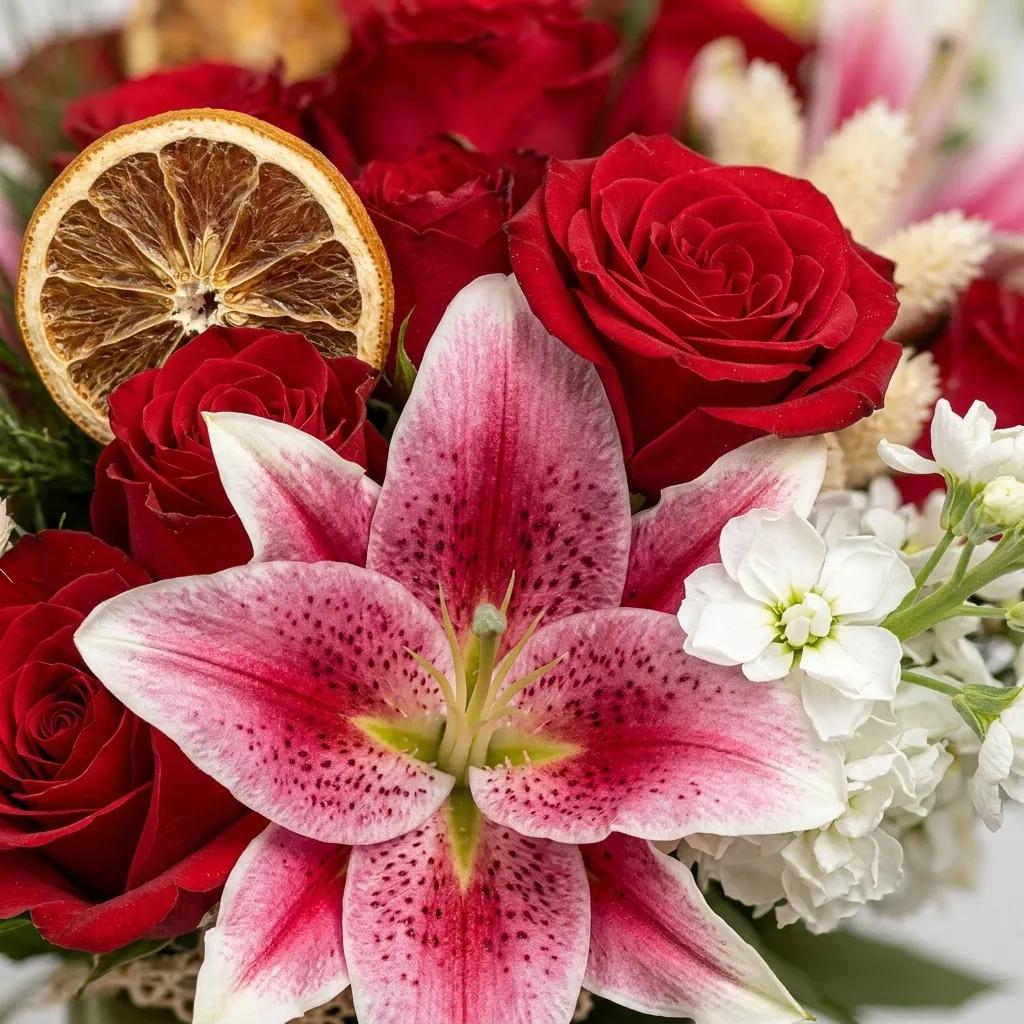 Kırmızı güllerle lilyum kombinasyonu yapan taze çiçek aranjmanı, beyaz ve pembe lilyumlar içeren, profesyonel florist tasarımı