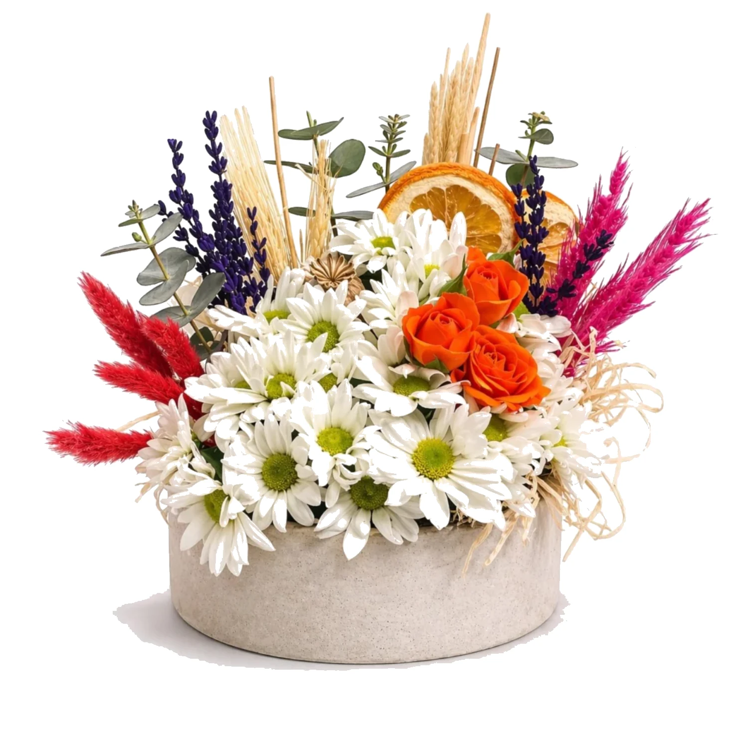 Vazoda Beyaz Papatya ve Turuncu Gül Aranjmanı