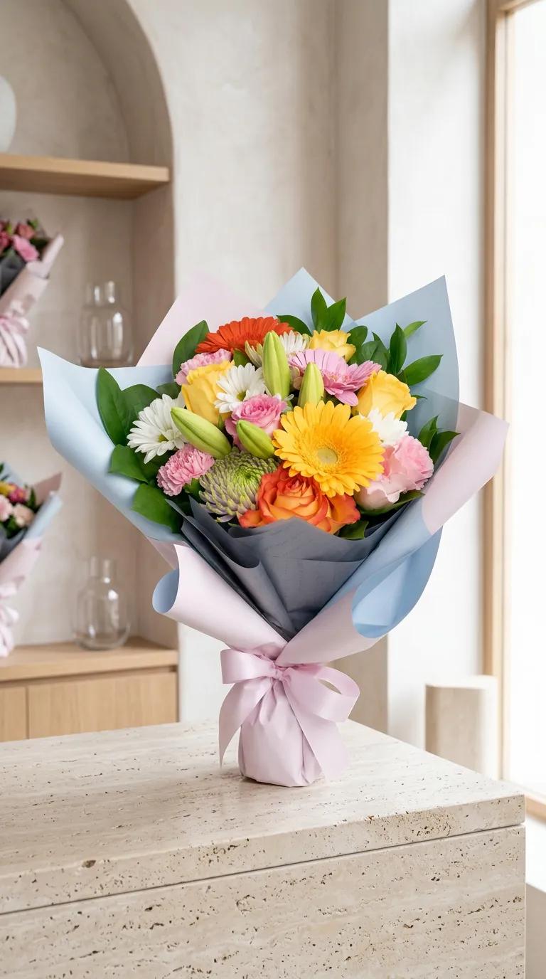 Pastel Zarafet Çiçek Buketi - Açık pembe gül, krem lisianthus ve yeşil yapraklardan oluşan zarif çiçek aranjmanı
