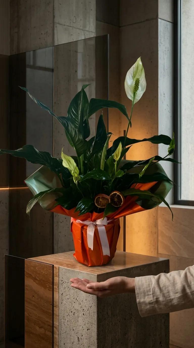 Doğal Huzur Spathiphyllum, beyaz çiçekleri ve yeşil yapraklarıyla, premium terracotta saksıda, İstanbul teslimatı için hazır