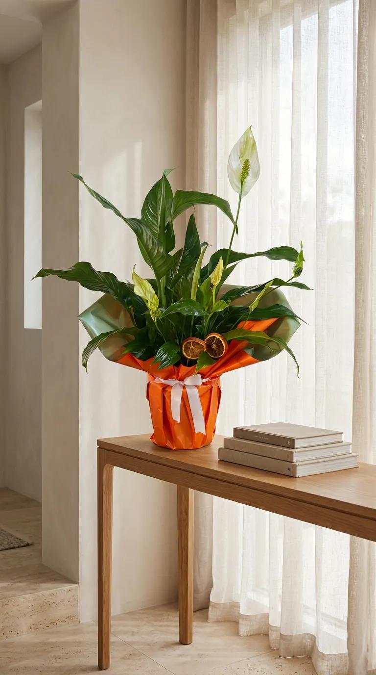 Doğal Huzur Spathiphyllum, beyaz çiçekleri ve yeşil yapraklarıyla, premium terracotta saksıda, İstanbul teslimatı için hazır