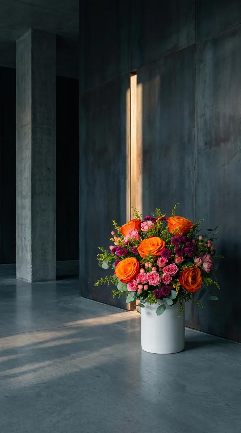 Prestige Sunset Flowers, turuncu, kırmızı ve sarı tonlarında taze kesme çiçeklerden oluşan şık aranjman, İstanbul aynı gün teslimat