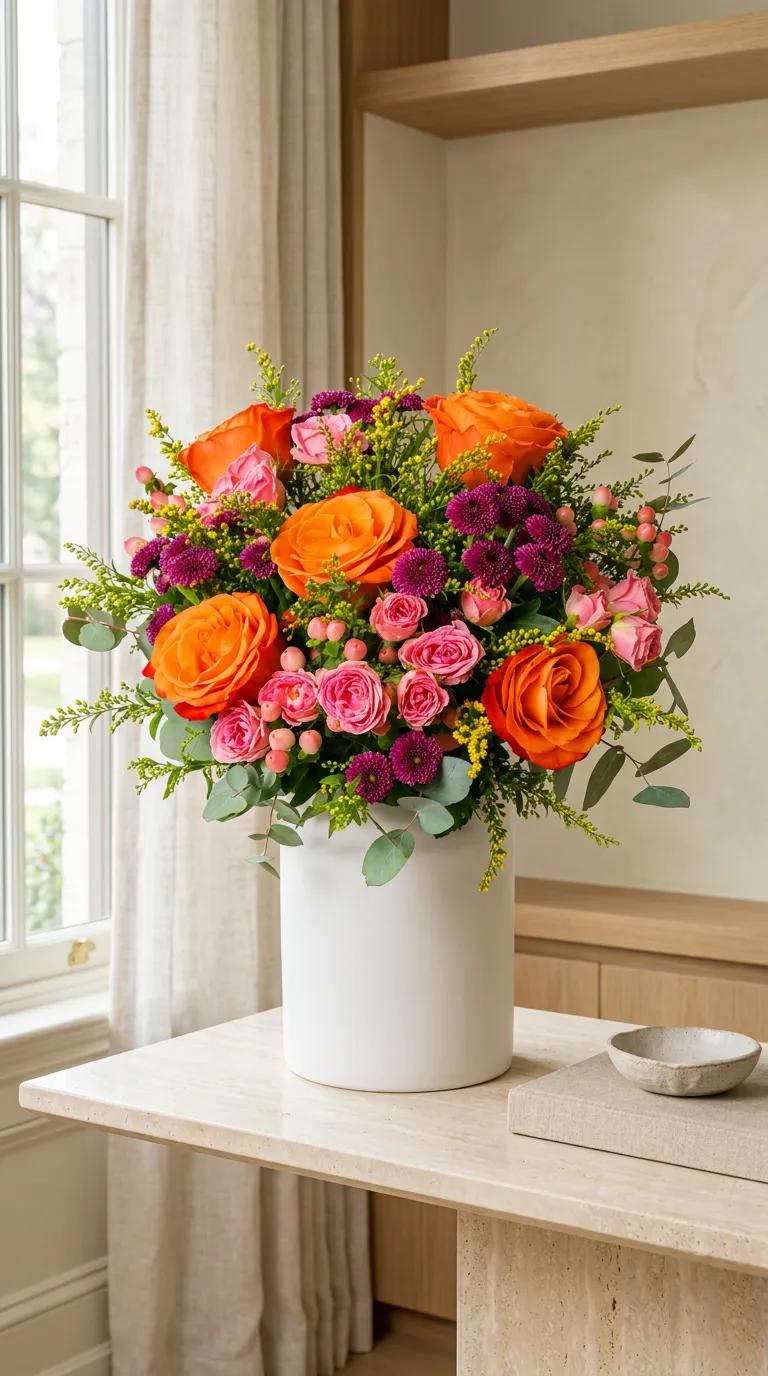Prestige Sunset Flowers, turuncu, kırmızı ve sarı tonlarında taze kesme çiçeklerden oluşan şık aranjman, İstanbul aynı gün teslimat