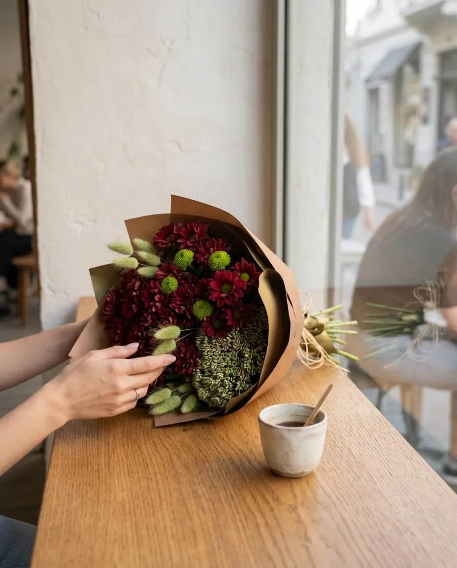 Bordo ve krizantem çiçeklerinden oluşan taze kesme çiçek buketi, profesyonel floral tasarım