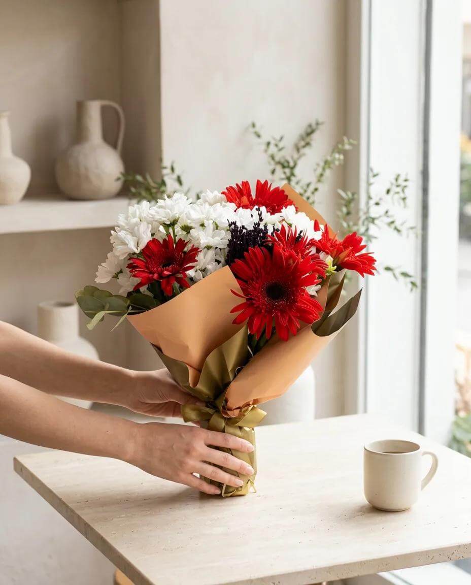 Kırmızı gerbera çiçekleri ve beyaz krizantemlerden oluşan taze çiçek buketi, profesyonel aranjman