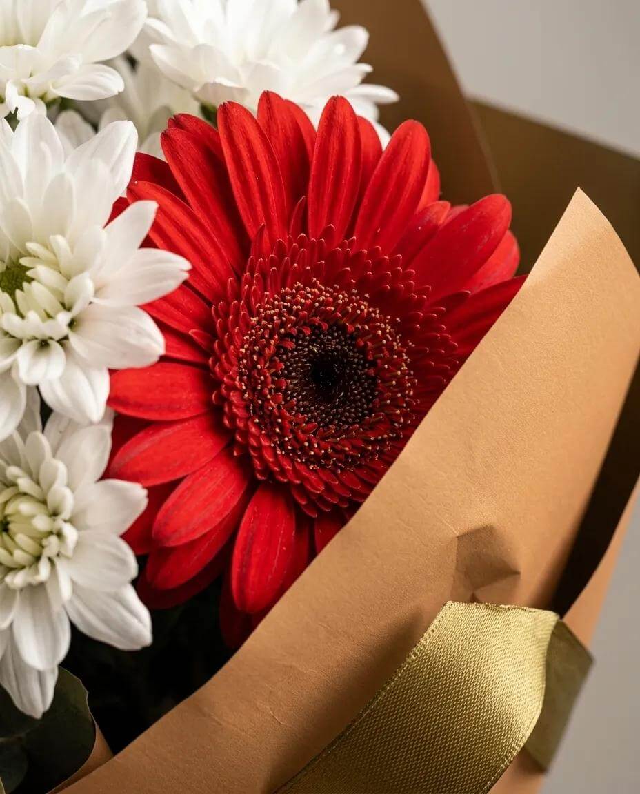 Kırmızı gerbera çiçekleri ve beyaz krizantemlerden oluşan taze çiçek buketi, profesyonel aranjman