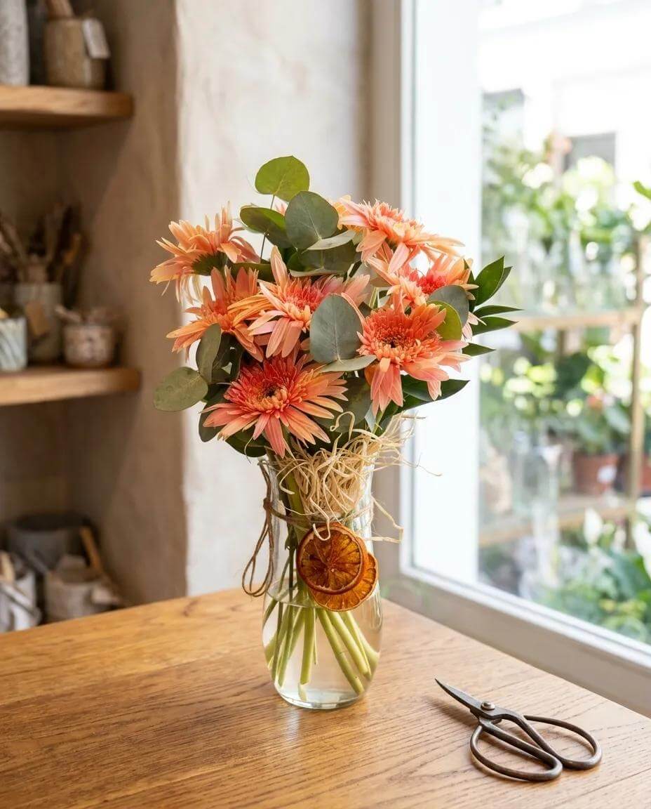 Somon gerbera çiçekleri ve kurutulmuş portakal dilimleriyle hazırlanmış şık vazo aranjmanı