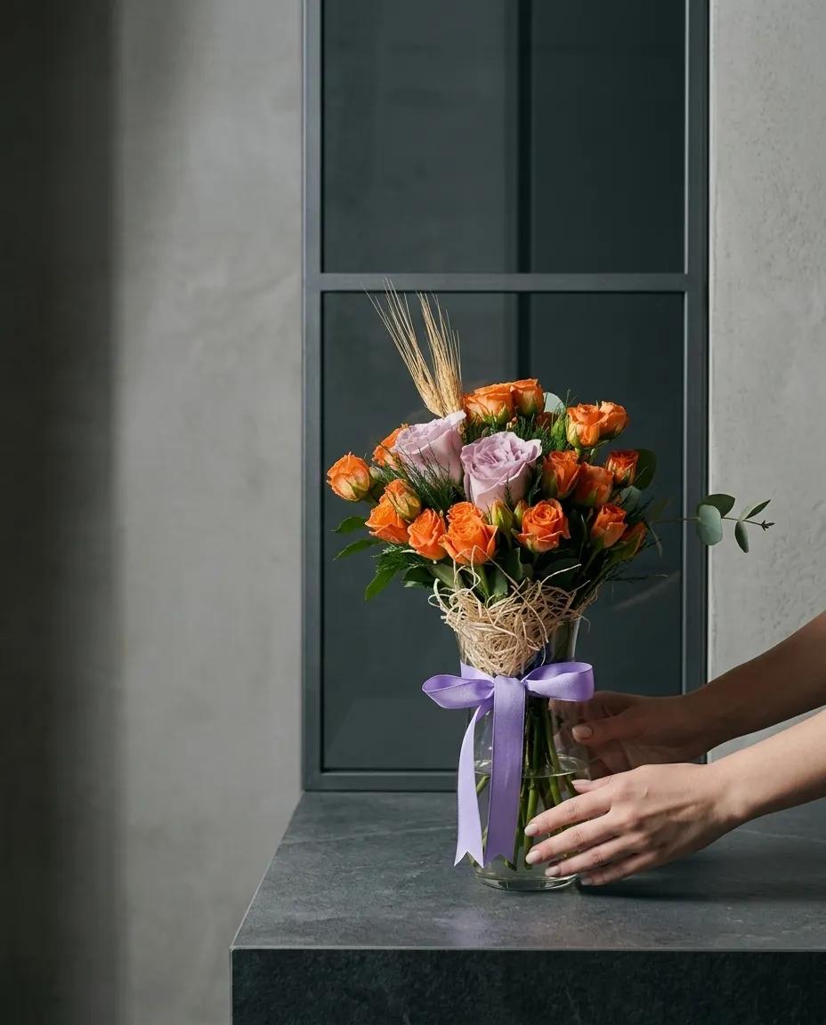 Lila ve turuncu taze güllerden oluşan zarif çiçek aranjmanı, profesyonel florist tarafından hazırlanmış