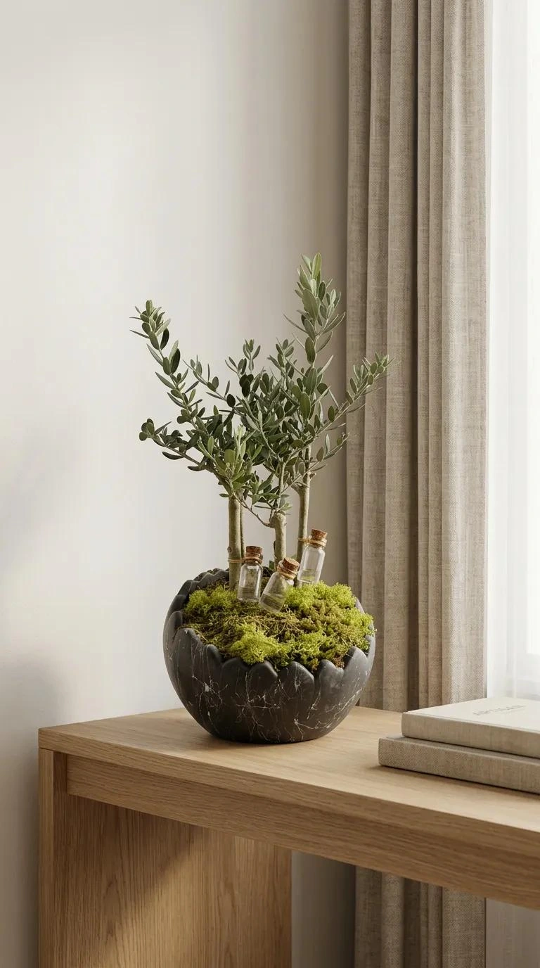 Galina Zeytin Bonsai Mermer Saksıda - ev ortamında sunum görünümü