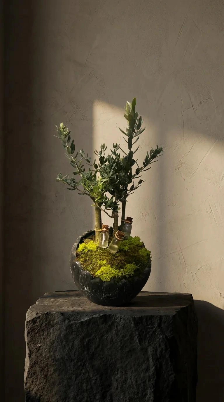 Galina Zeytin Bonsai Mermer Saksıda - modern iç mekanda sunum görünümü