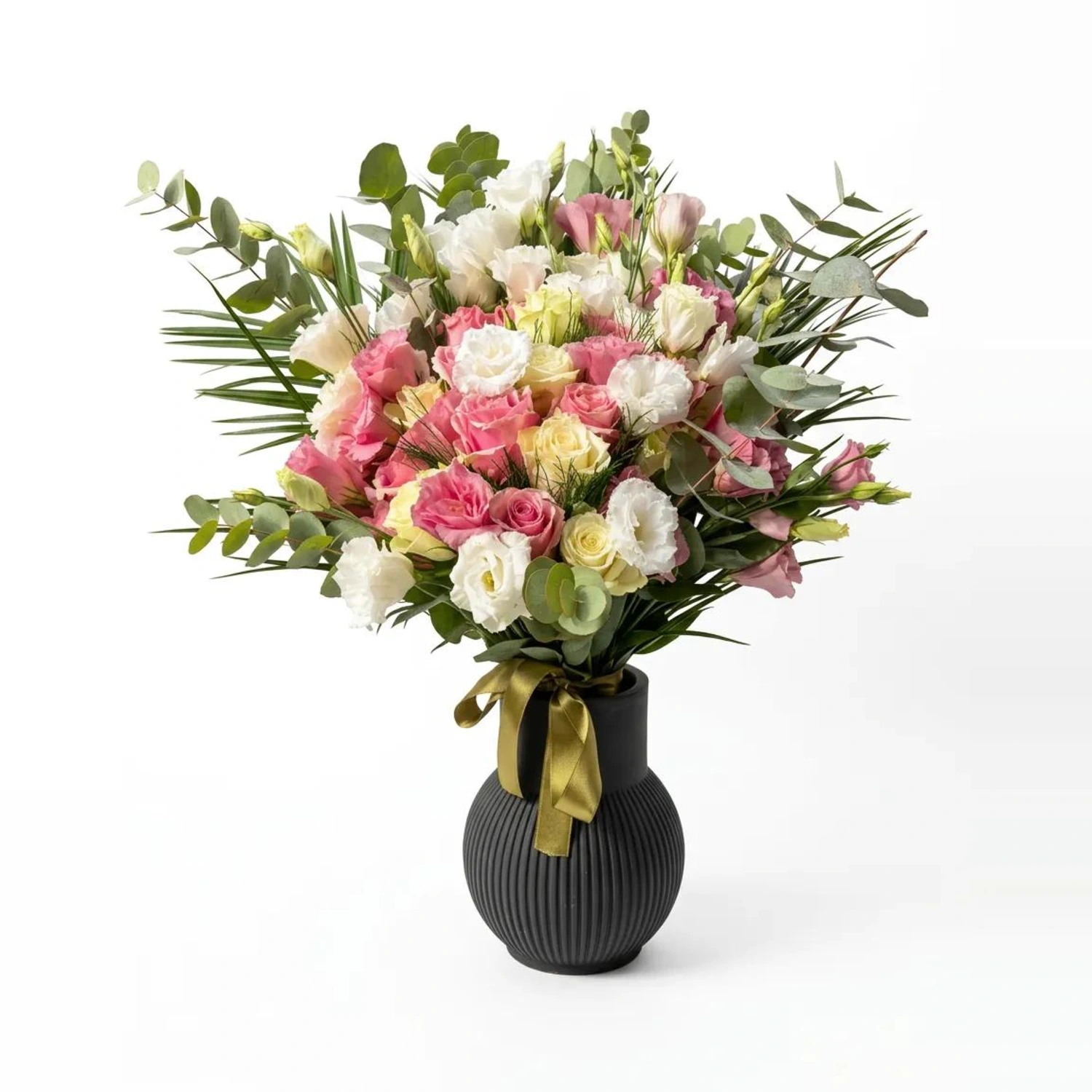 Veronika Pembe Gül ve Lisianthus Siyah Vazo