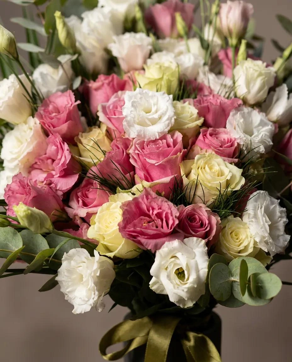 Veronika Pembe Gül ve Lisianthus Siyah Vazo - yakın çekim detay görünümü
