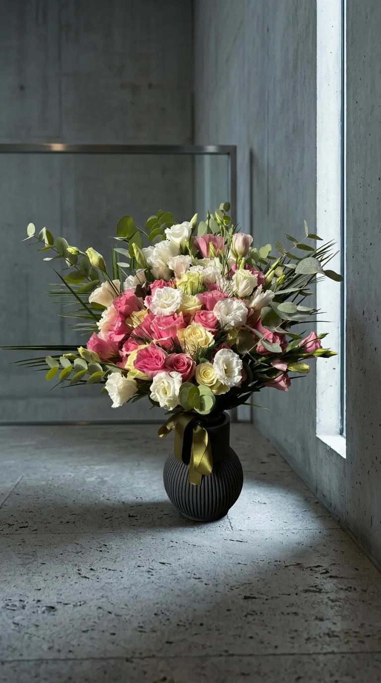 Veronika Pembe Gül ve Lisianthus Siyah Vazo - modern iç mekanda sunum görünümü