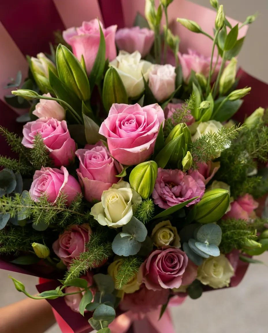Yuliya Pembe Alstroemeria ve Gül Buketi - yakın çekim detay görünümü