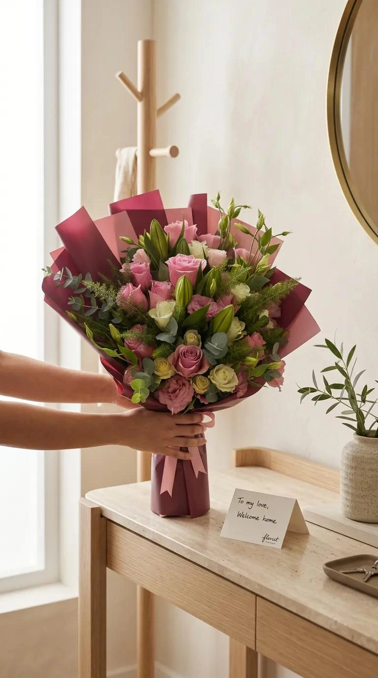 Yuliya Pembe Alstroemeria ve Gül Buketi - ev ortamında sunum görünümü