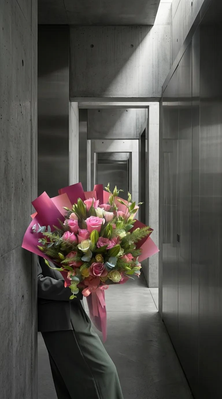 Yuliya Pembe Alstroemeria ve Gül Buketi - modern iç mekanda sunum görünümü