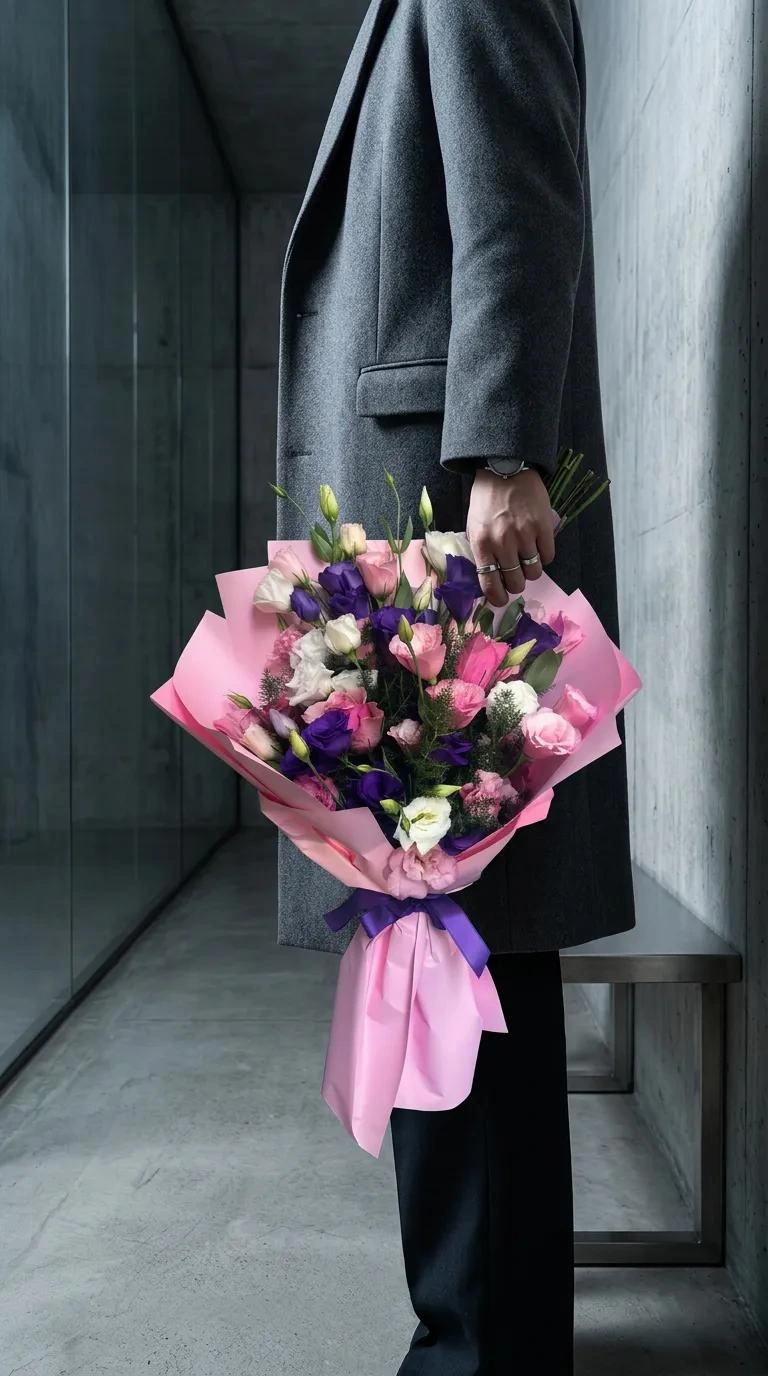 Margarita Mor Pembe Lisianthus Buketi - modern iç mekanda sunum görünümü