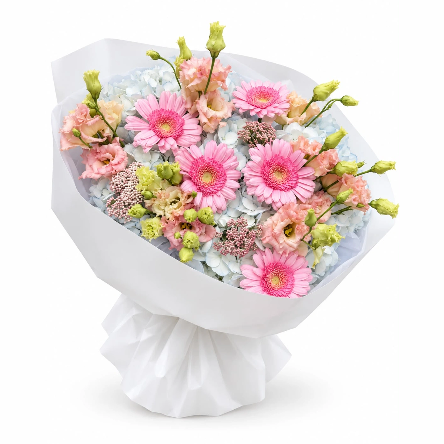 Bella Pembe Gerbera ve Mavi Ortanca Buketi
