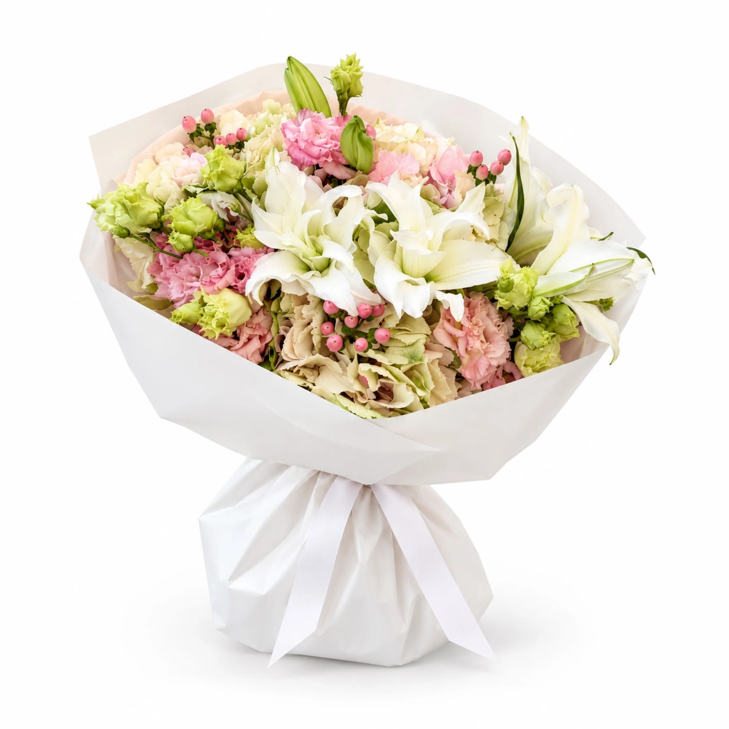 Nelli Beyaz Lilyum ve Pembe Lisianthus Buketi