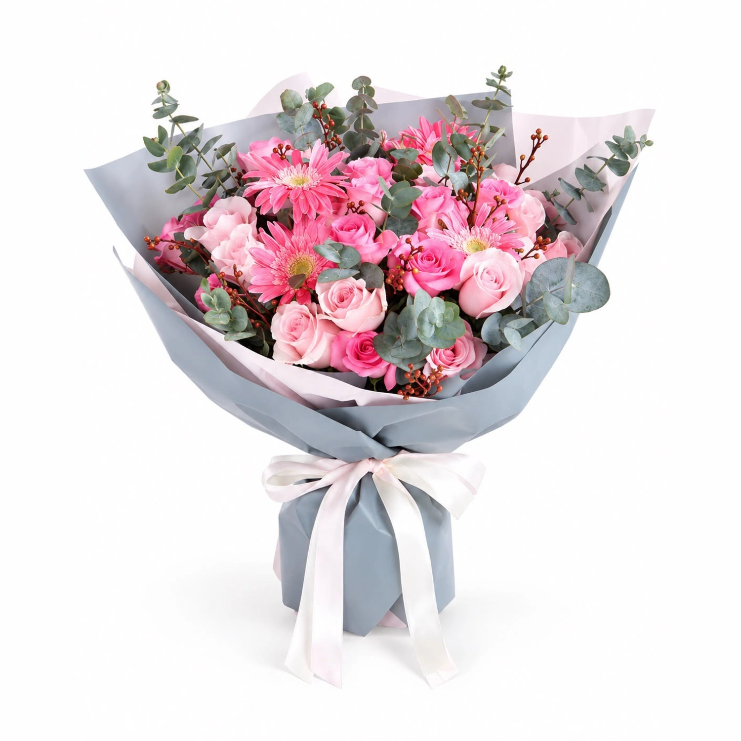 Willow Pembe Gerbera ve Gül Gri Buket
