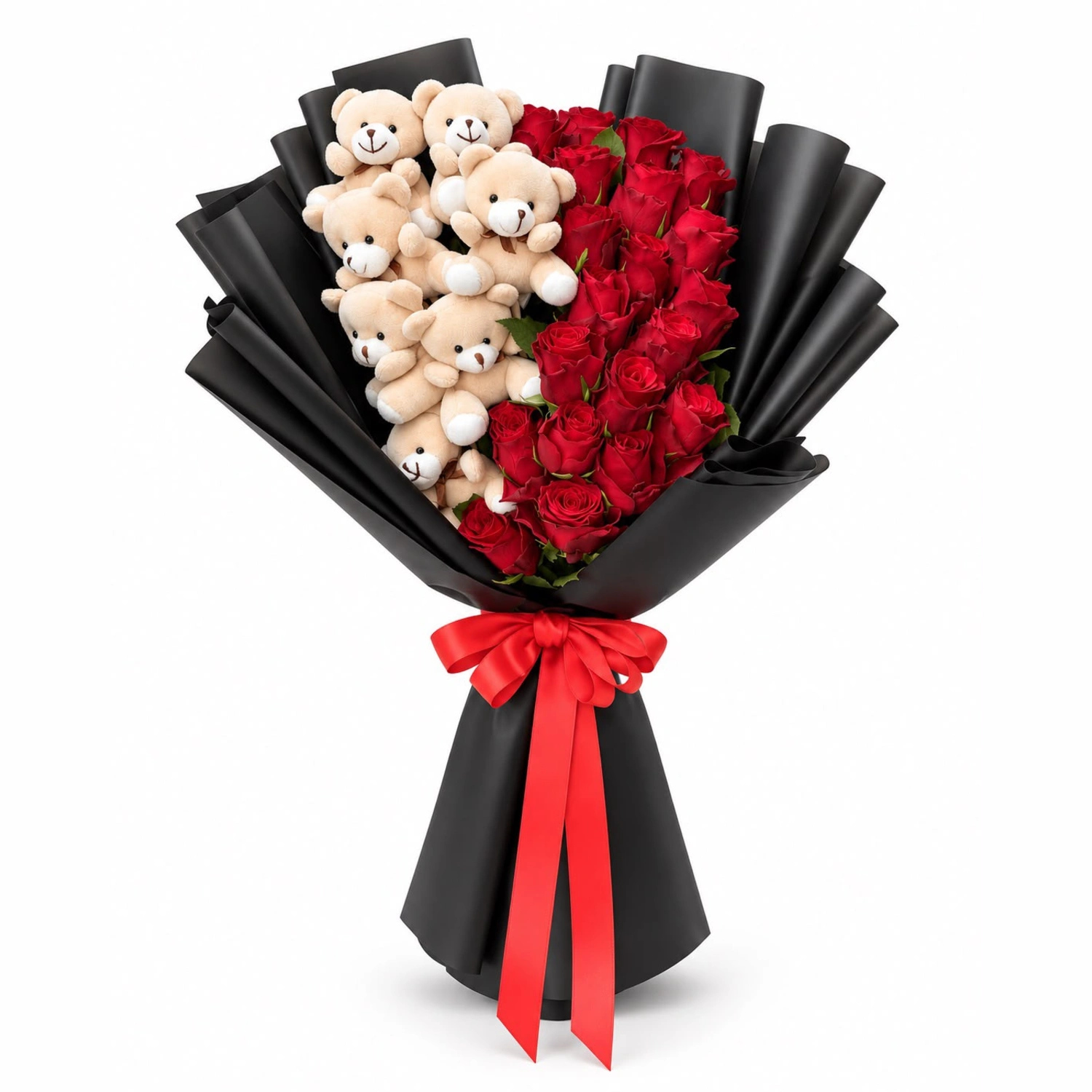 Brooke Kırmızı Gül ve Peluş Ayılı Siyah Buket