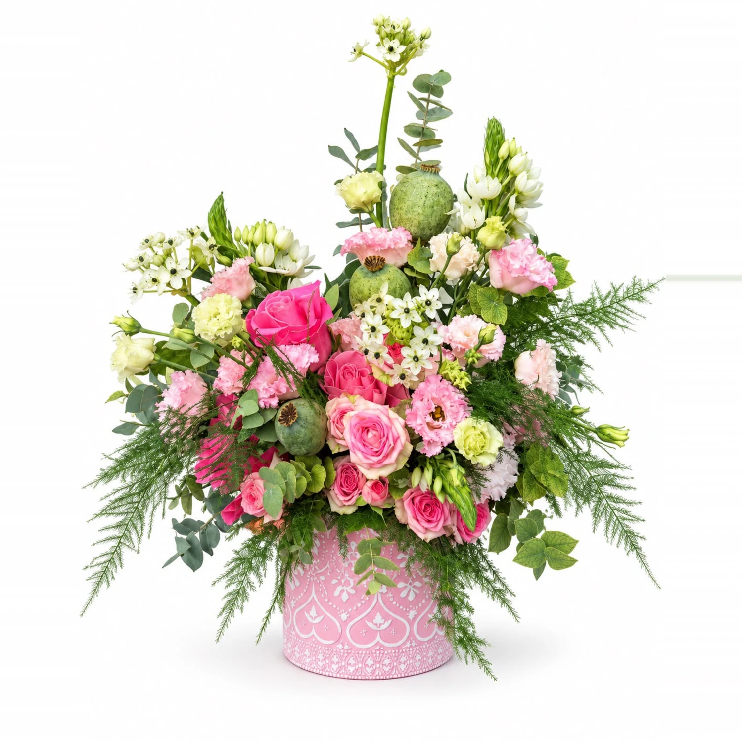 Camille Pembe Gül ve Lisianthus Pembe Seramik Aranjman