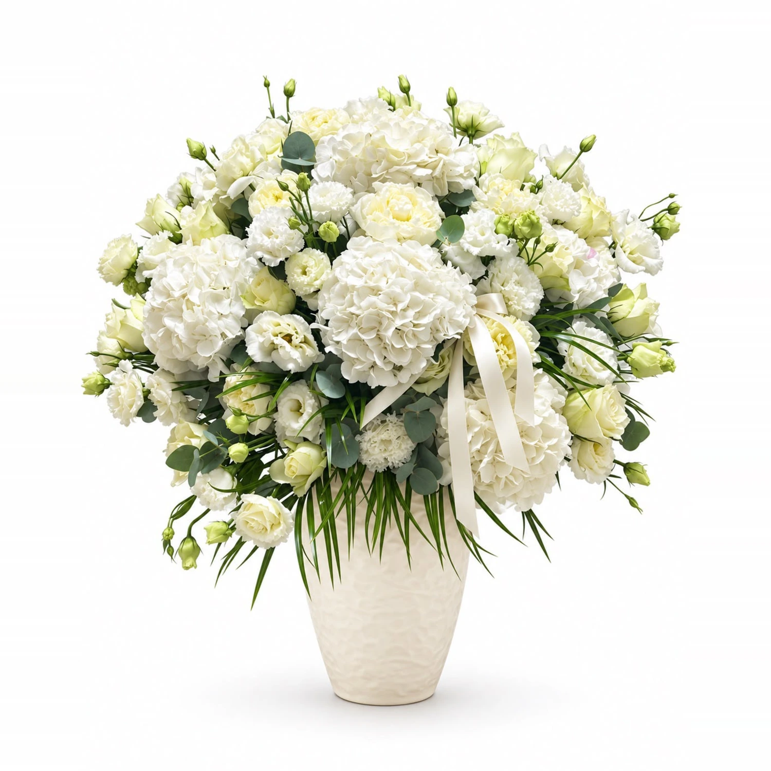 Ruby Beyaz Ortanca ve Lisianthus Seramik Vazo