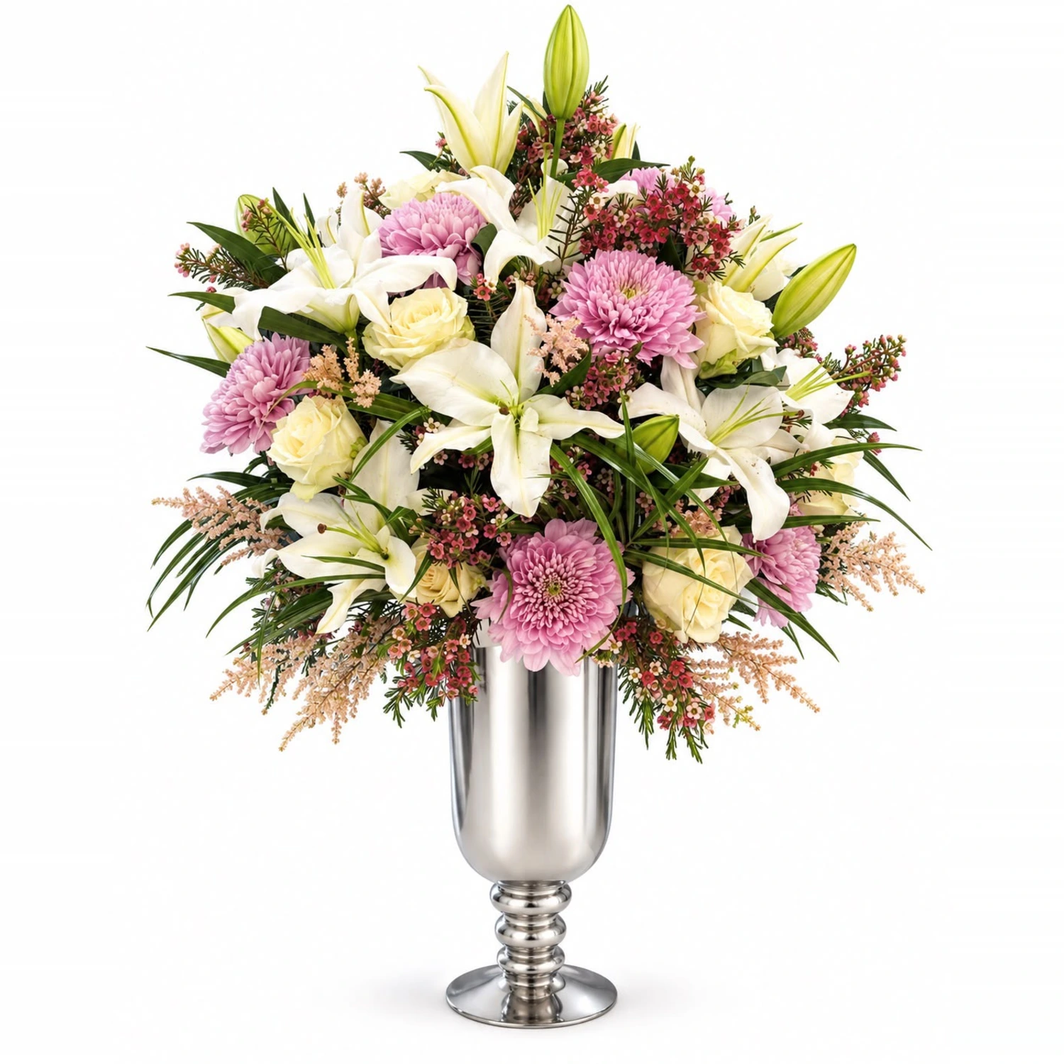 Fleur Beyaz Lilyum ve Pembe Krizantem Gümüş Kadeh Vazo