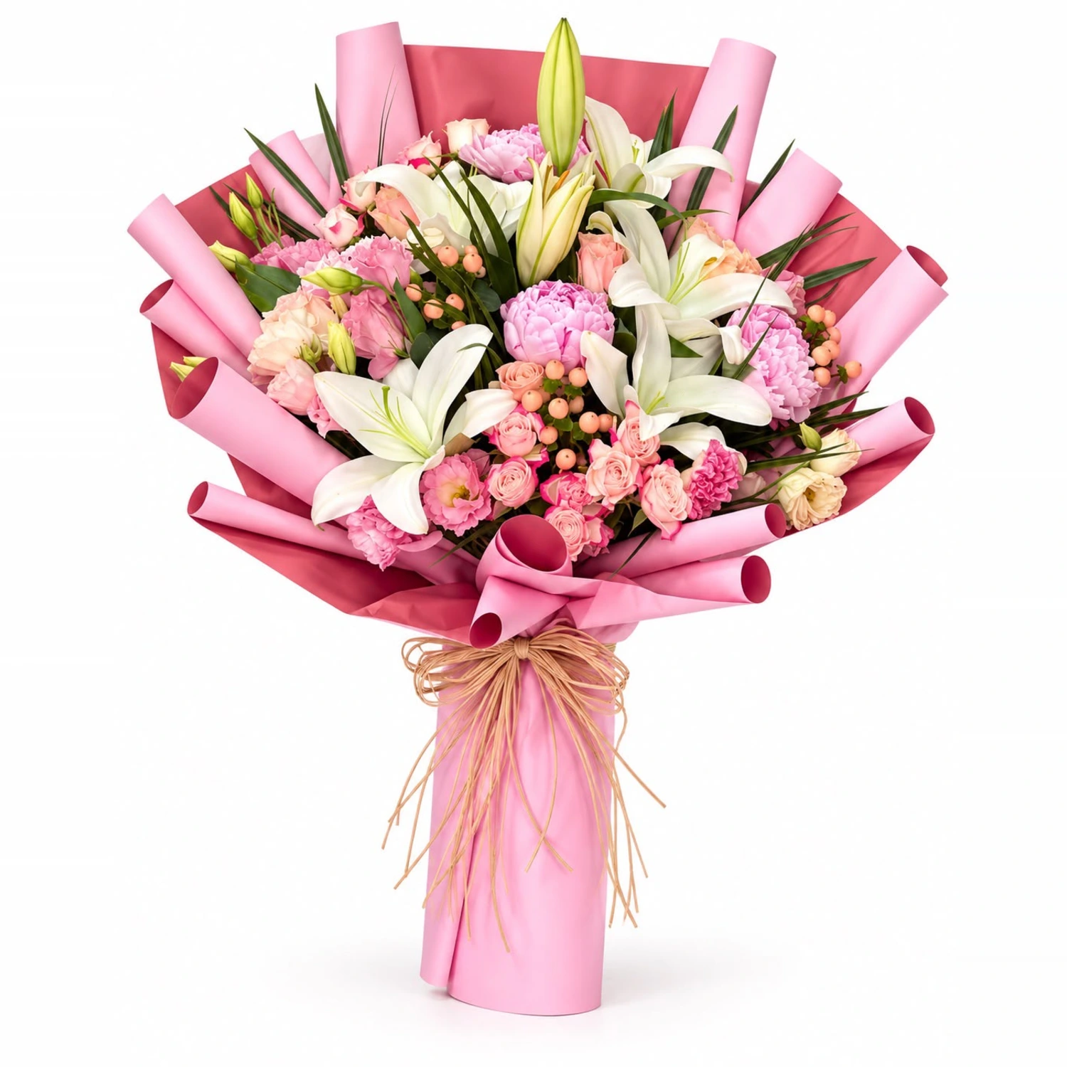 Solene Pembe Gül ve Beyaz Lilyum Pembe Ambalaj Buket