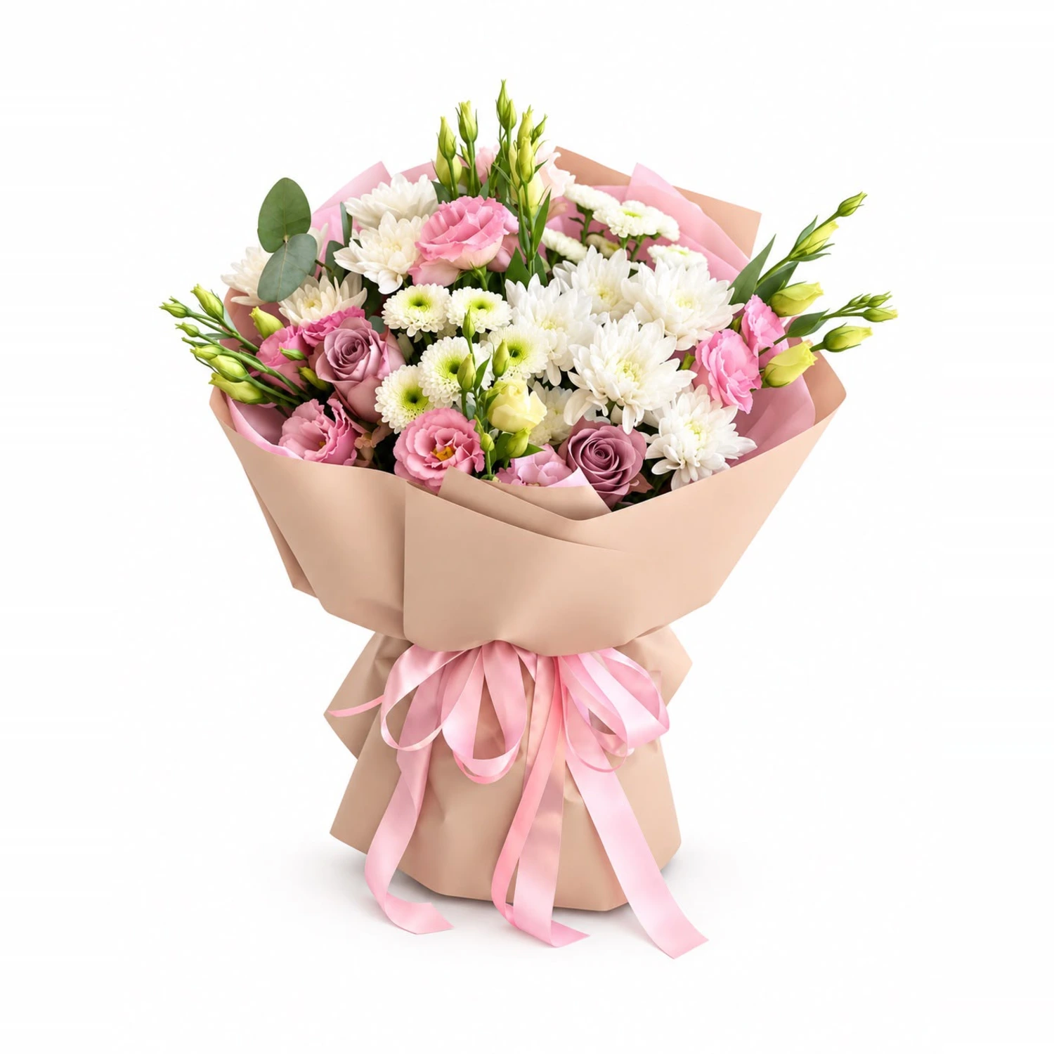 Maelle Pembe Lisianthus ve Krizantem Pudra Ambalaj Buket