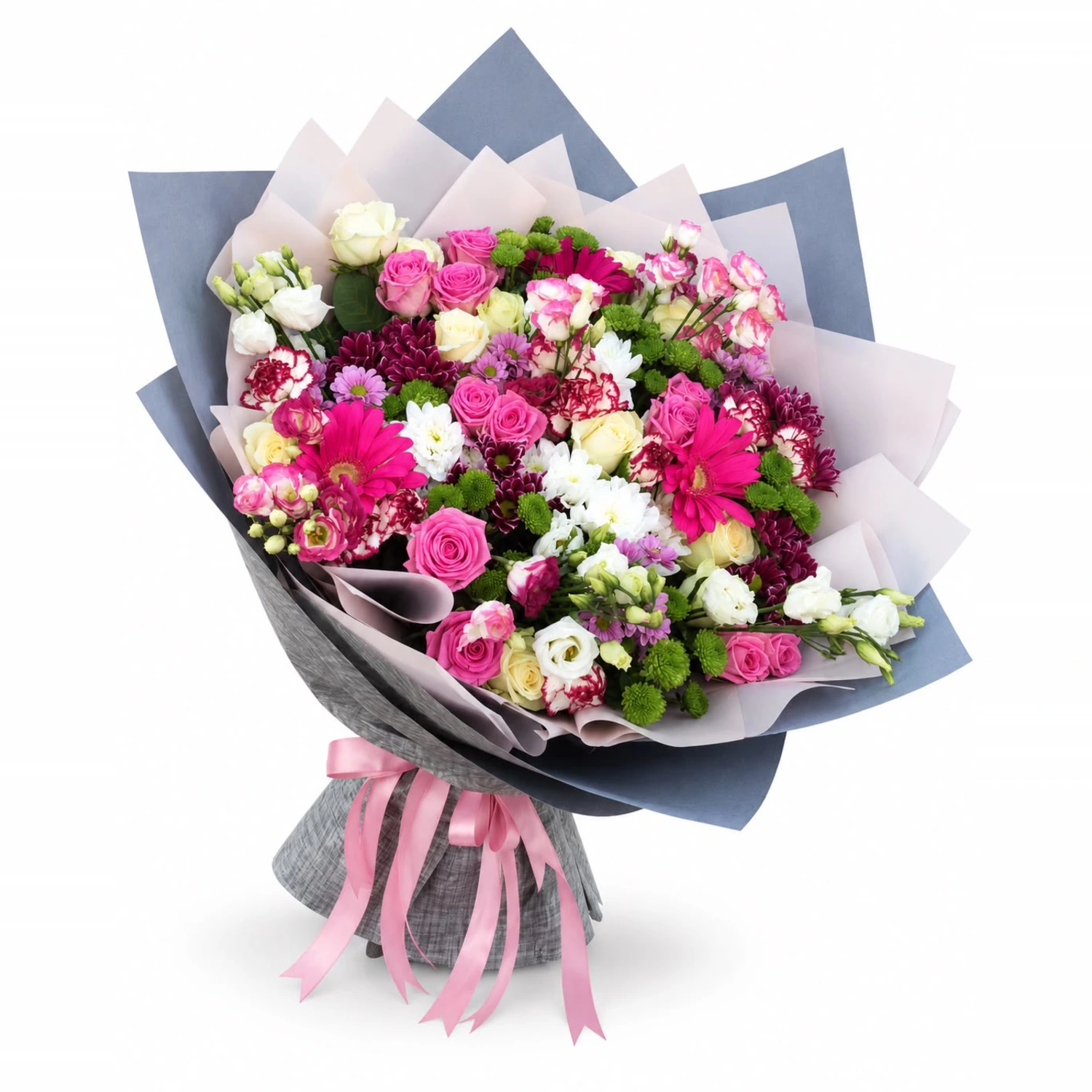 Lotte Fuşya Karanfil ve Lisianthus Mavi Ambalaj Buket