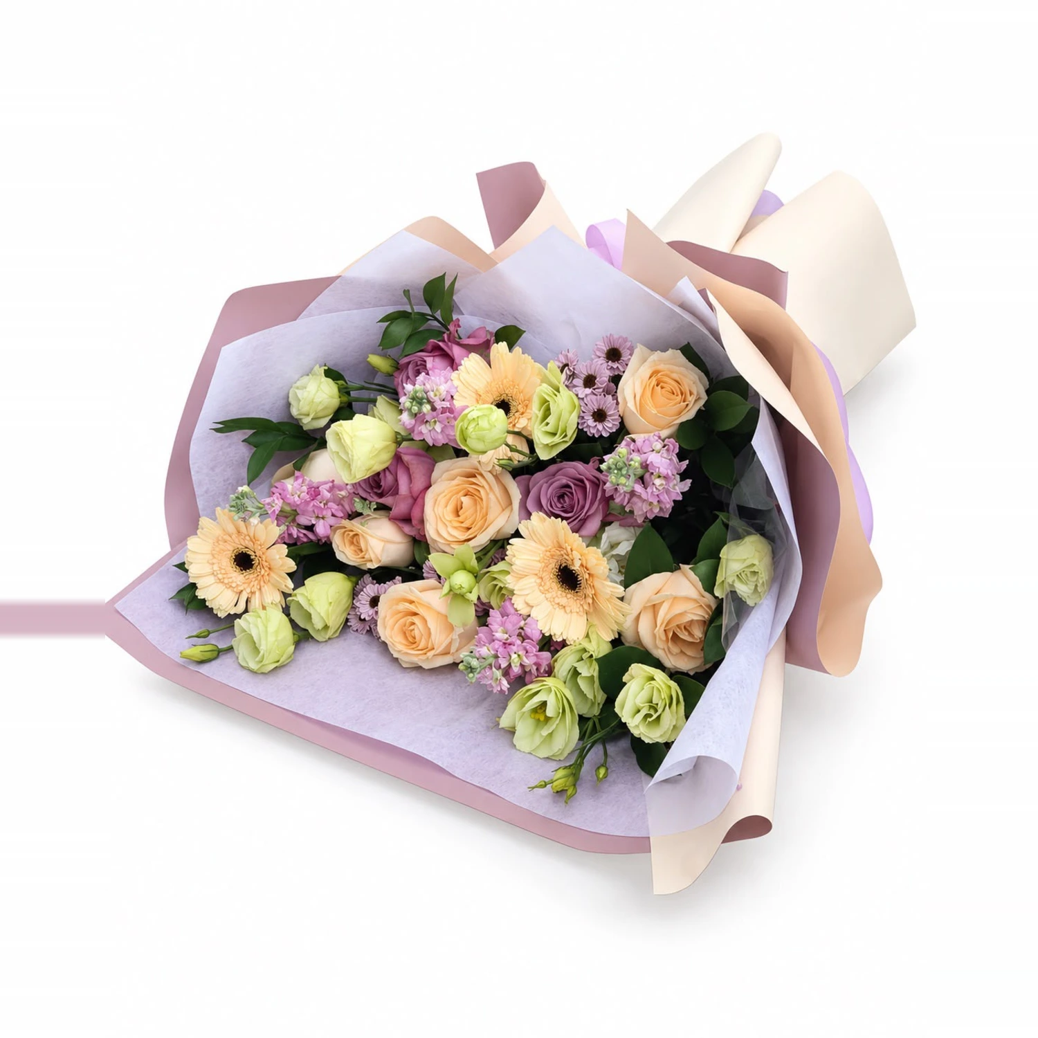Zuzana Şeftali Gül ve Lisianthus Lila Ambalaj Buket