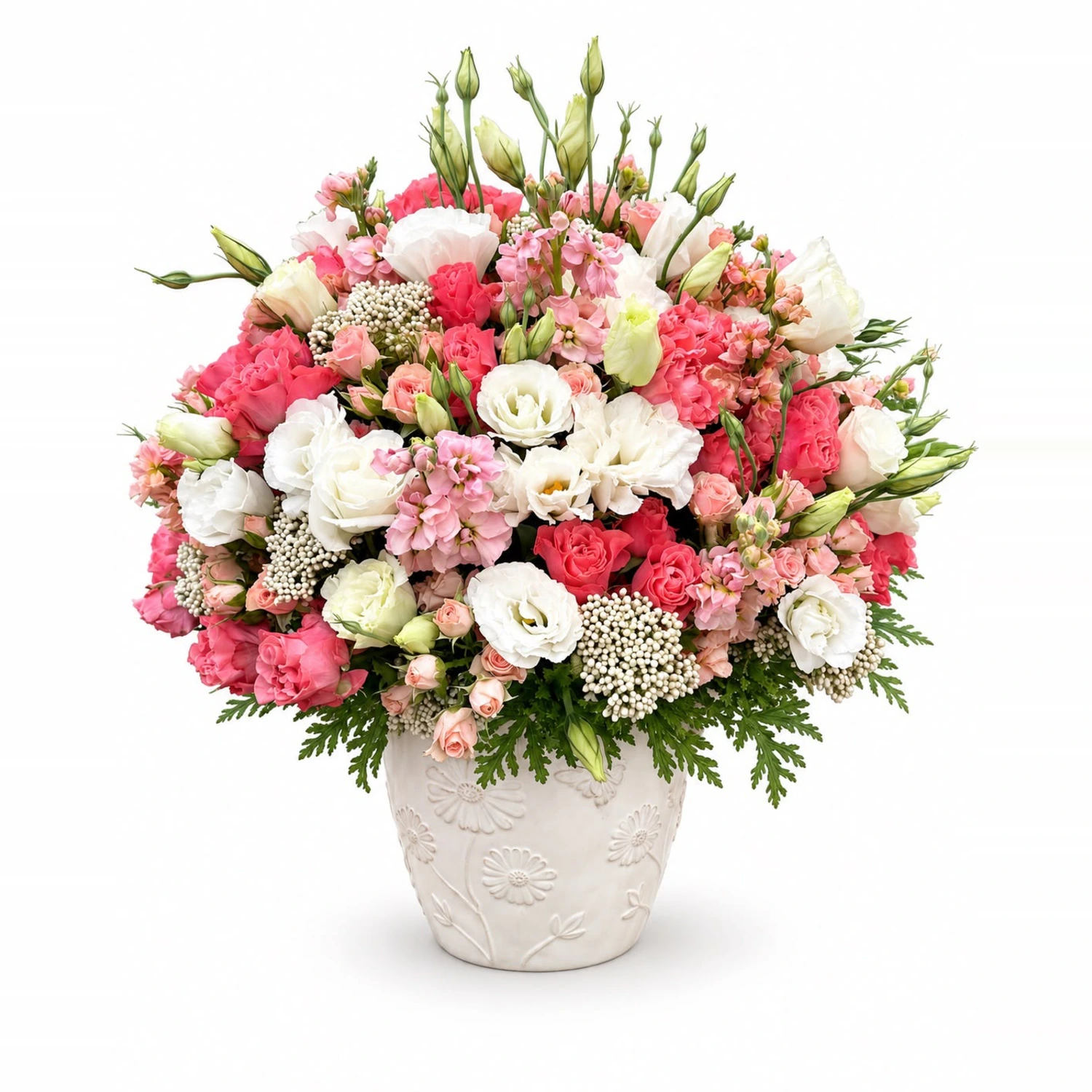 Blanche Pembe Beyaz Lisianthus ve Karanfil Seramik Aranjman